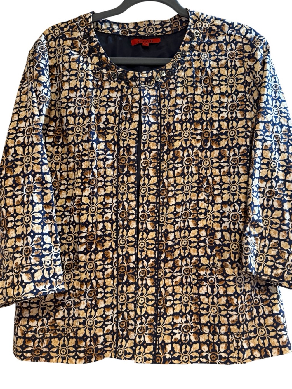 Toni B Navy Floral Print Jacket Blazer Button Trim Pleated Back Size L